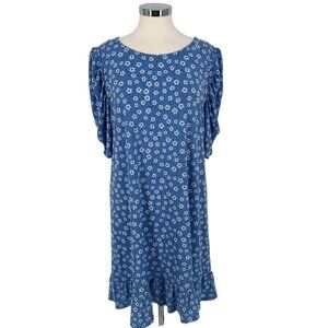 CeCe Floral Ruffle Hem Dress Half Sleeve Blue White Size XL
